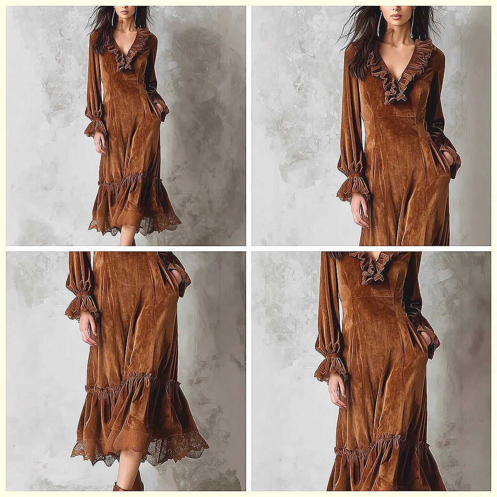 Vintage Y2K - Vintage Velvet Maxi Dress V-Neck Ruffled