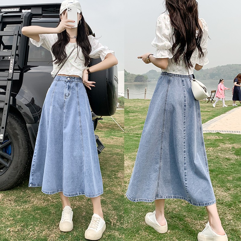 High Waist A-Line Midi Skirt W - Denim Skirt Midi Vintage ulasan dan harga