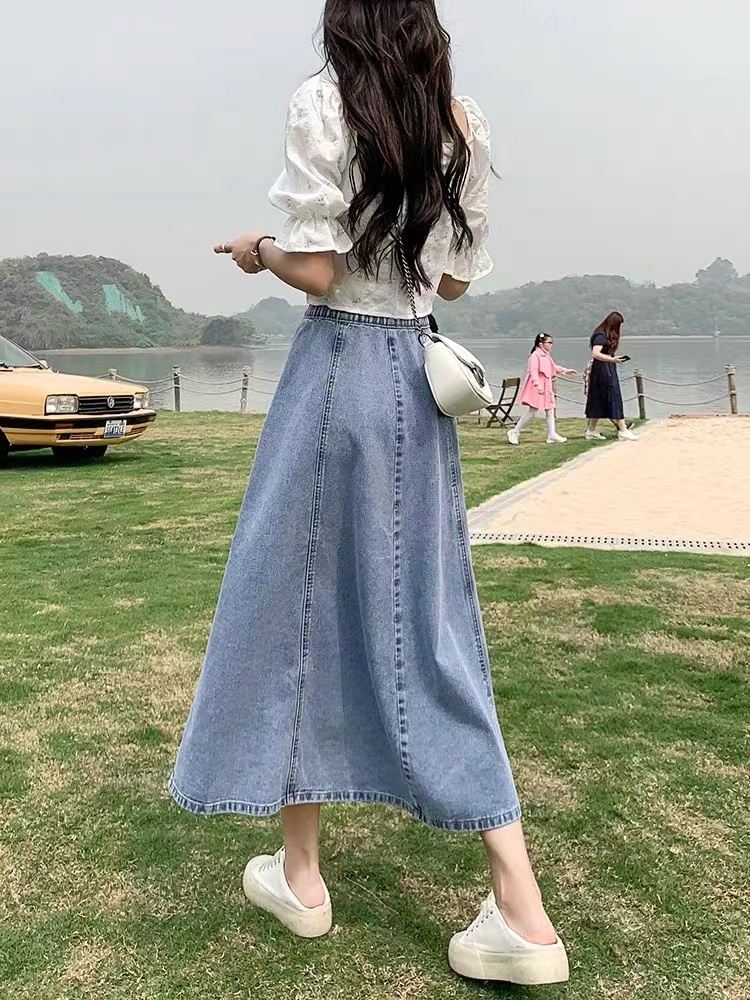High Waist A-Line Midi Skirt W - Denim Skirt Midi Vintage ulasan dan harga