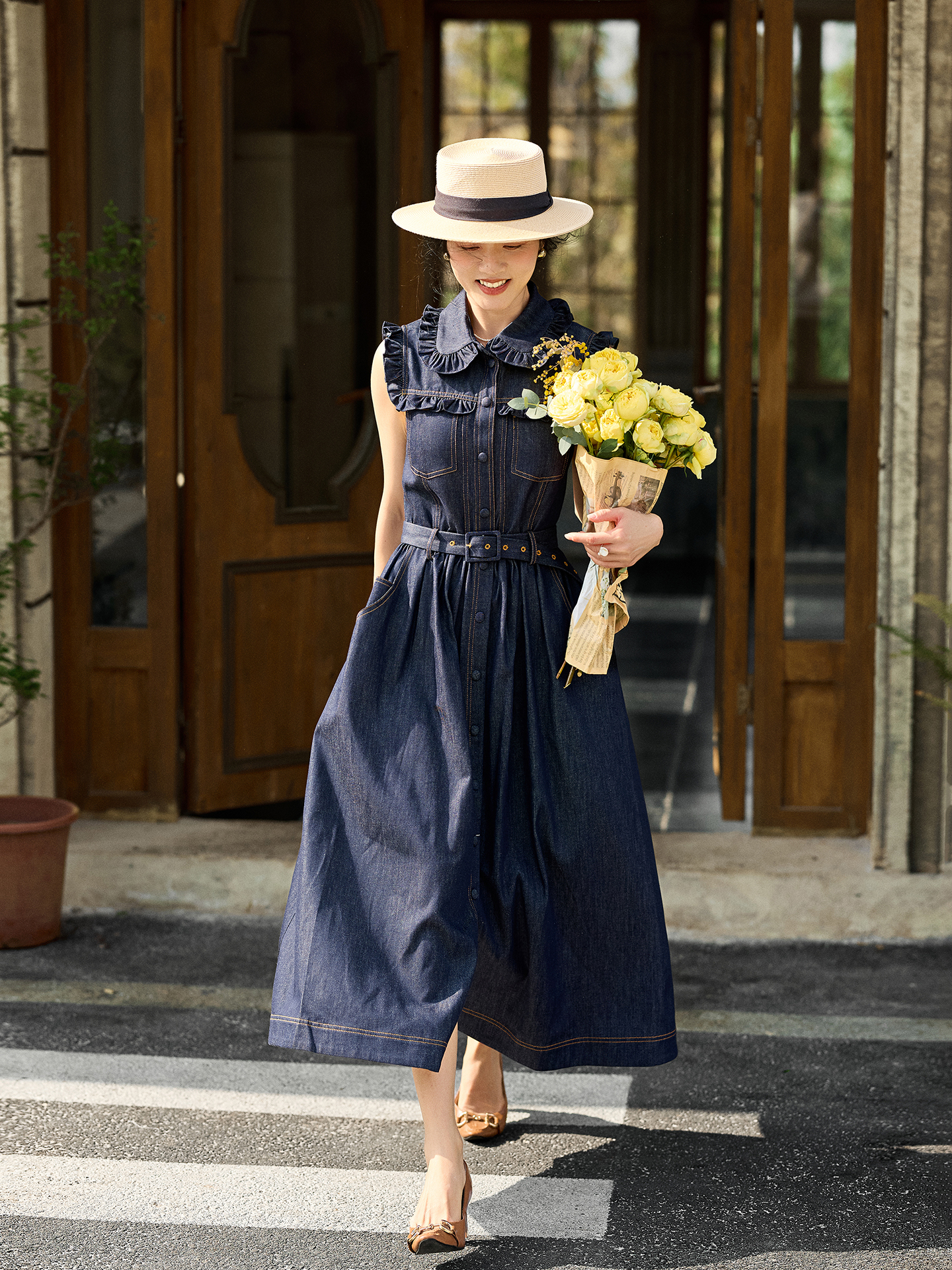 Retro Doll Collar Denim Dress  - Denim Skirt Midi Vintage ulasan dan harga