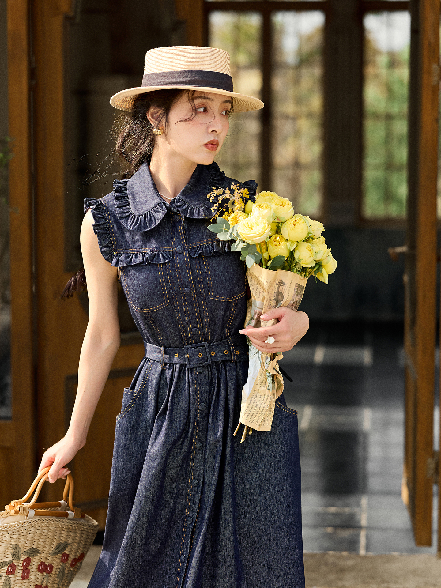 Retro Doll Collar Denim Dress  - Denim Skirt Midi Vintage ulasan dan harga