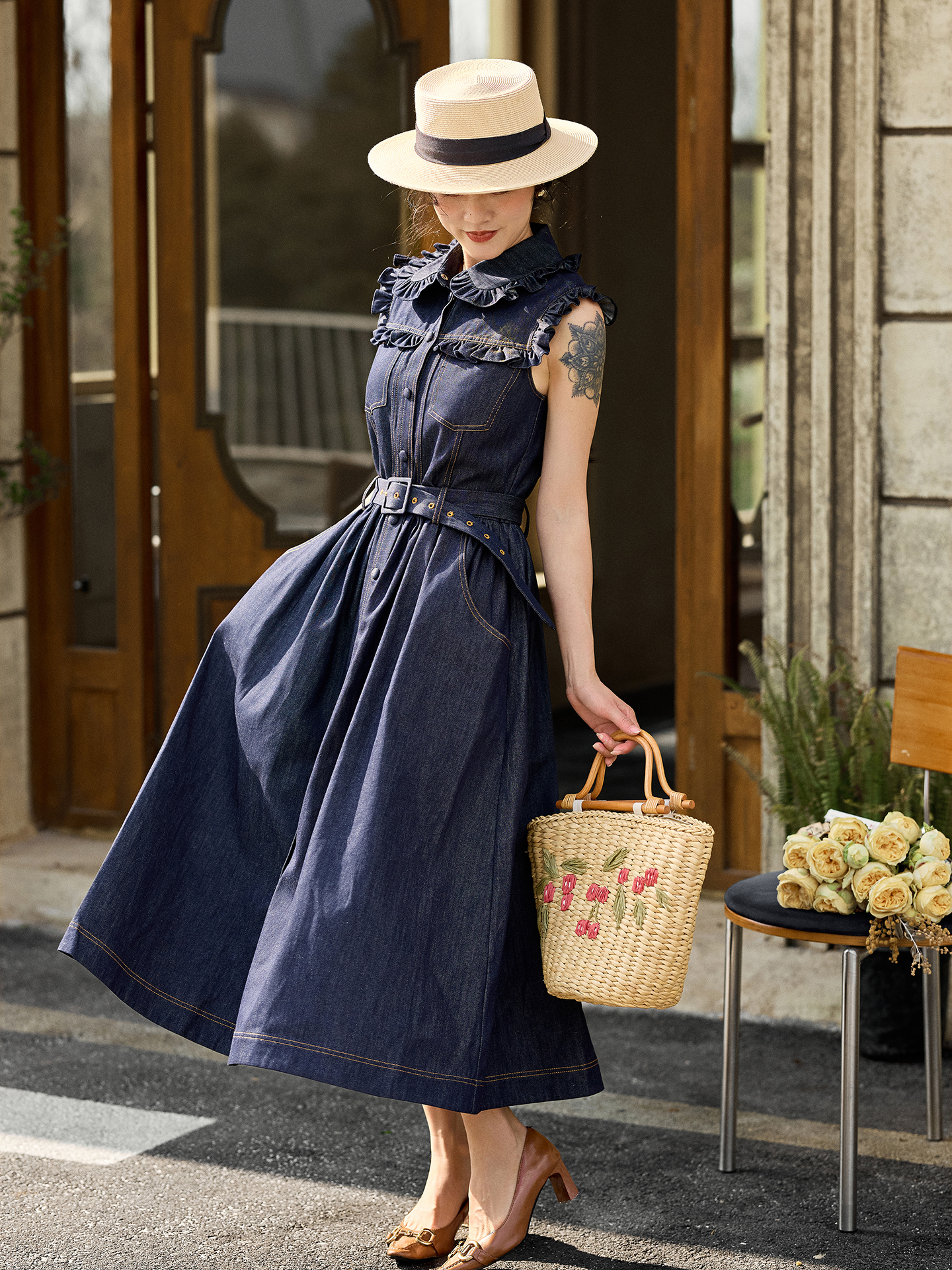 Retro Doll Collar Denim Dress  - Denim Skirt Midi Vintage ulasan dan harga