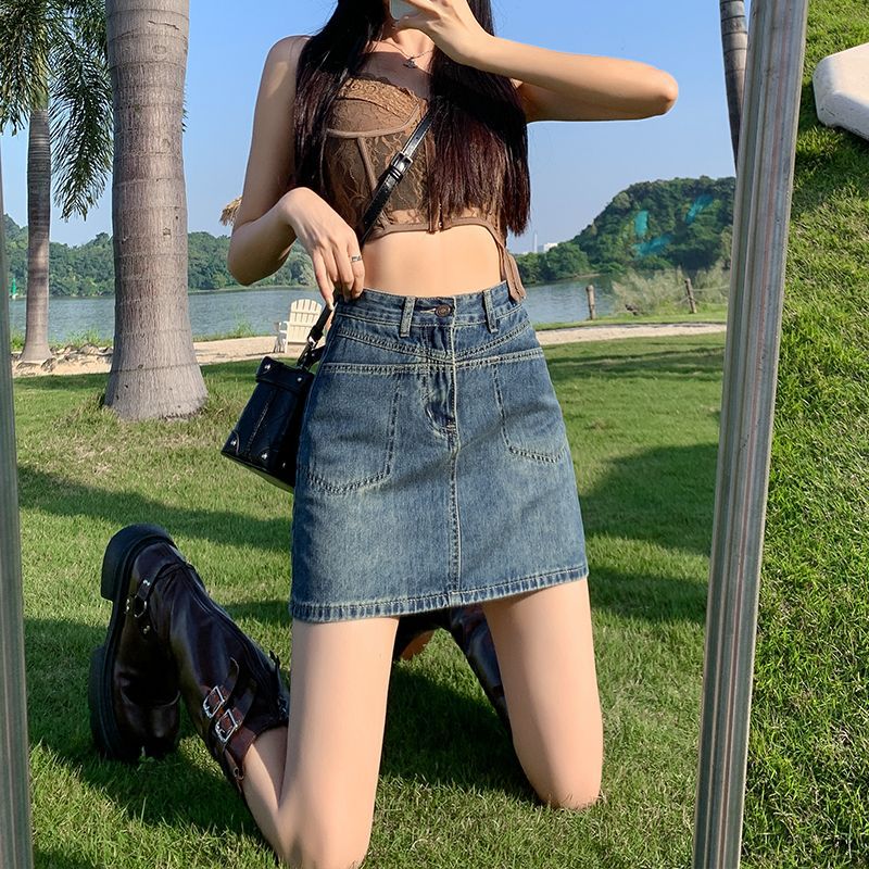 Fashionable and versatile wome - Denim Skirt Midi Vintage ulasan dan harga
