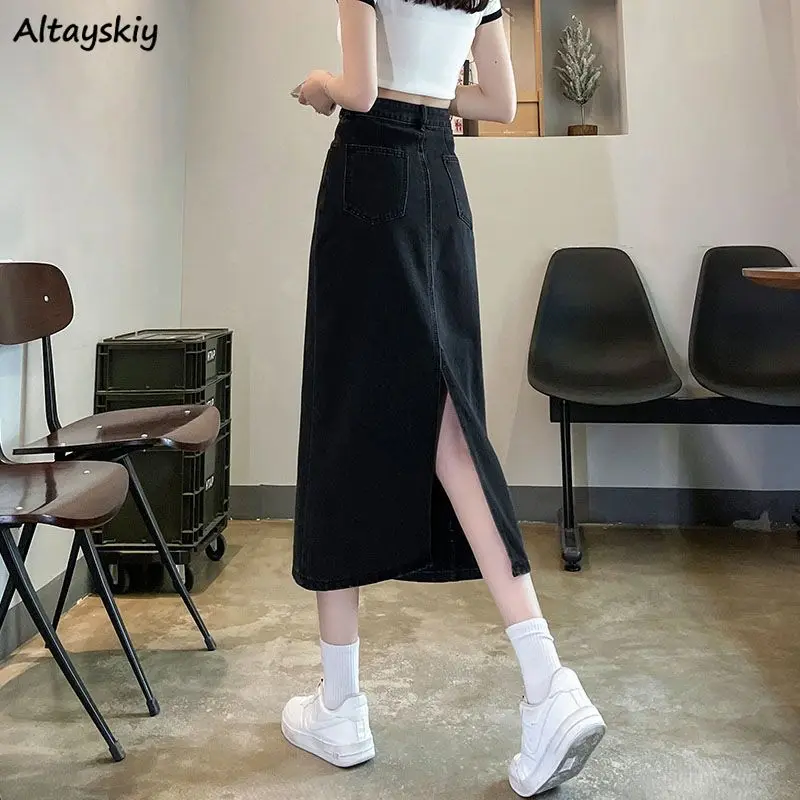Women Back-slit Denim Skirts V - Denim Skirt Midi Vintage ulasan dan harga