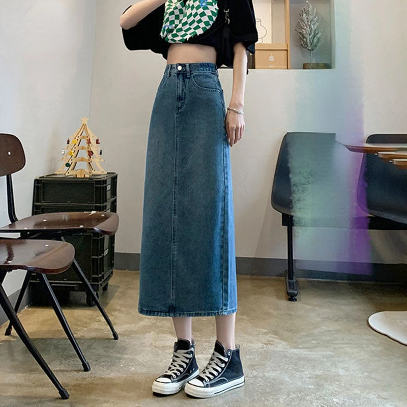 Women Back-slit Denim Skirts V - Denim Skirt Midi Vintage ulasan dan harga
