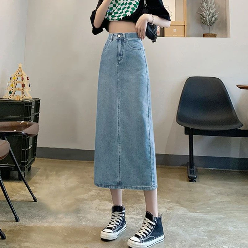 Women Back-slit Denim Skirts V - Denim Skirt Midi Vintage ulasan dan harga