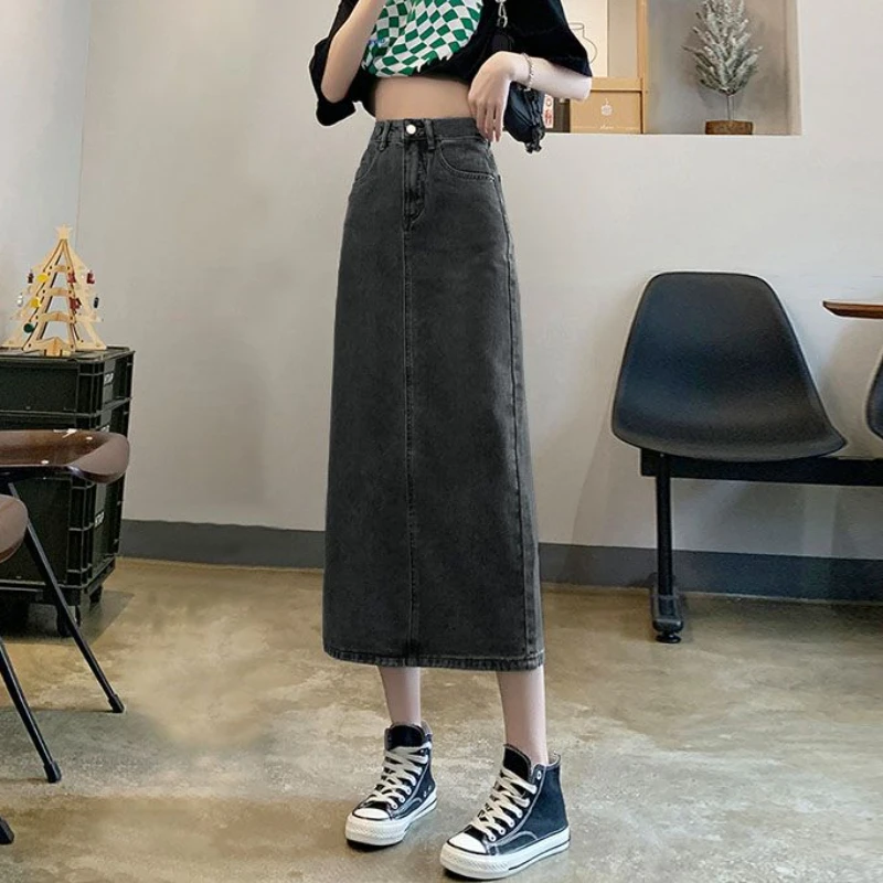 Women Back-slit Denim Skirts V - Denim Skirt Midi Vintage ulasan dan harga