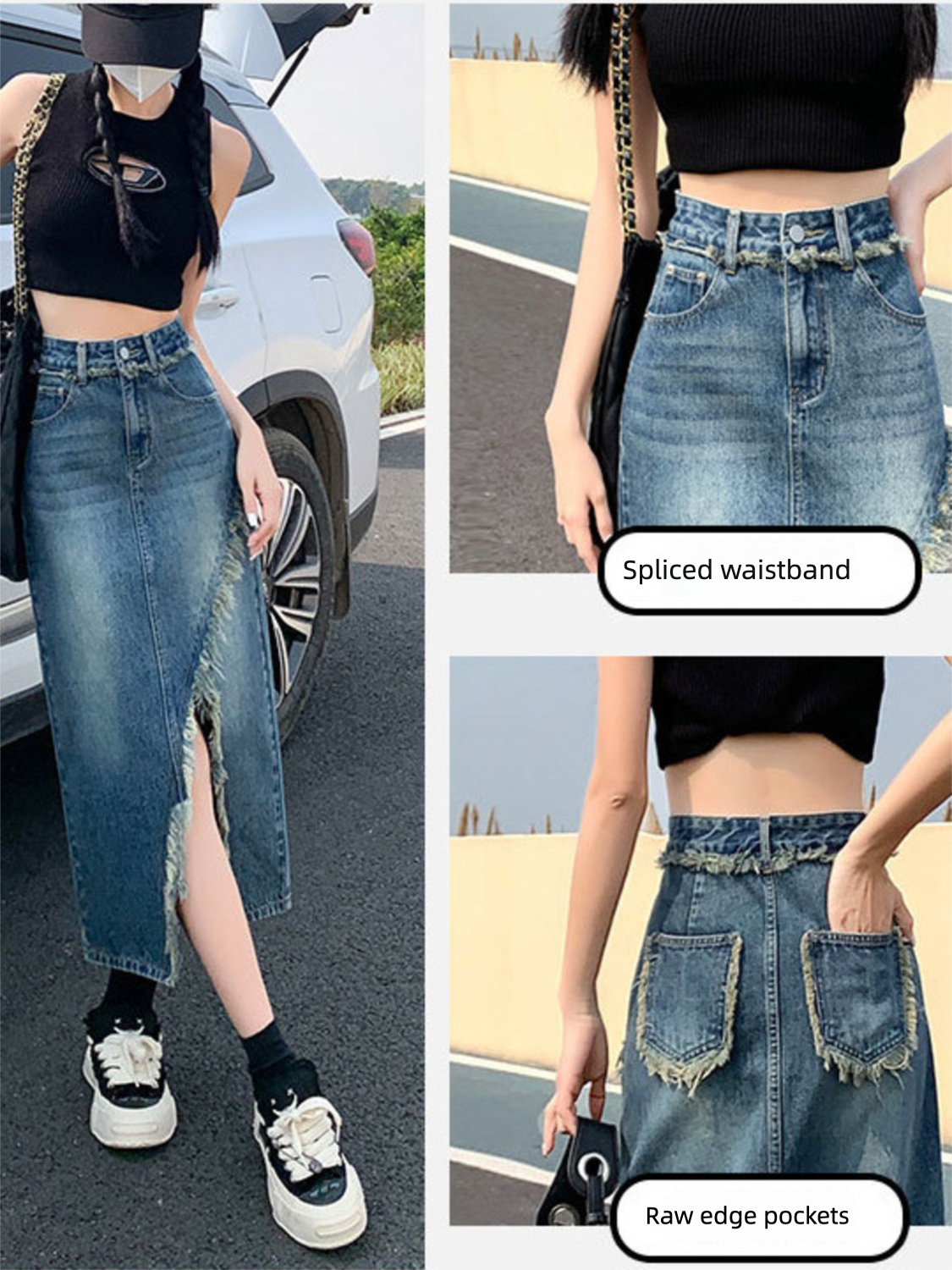 Women's High Waist Denim Skirt - Denim Skirt Midi Vintage ulasan dan harga
