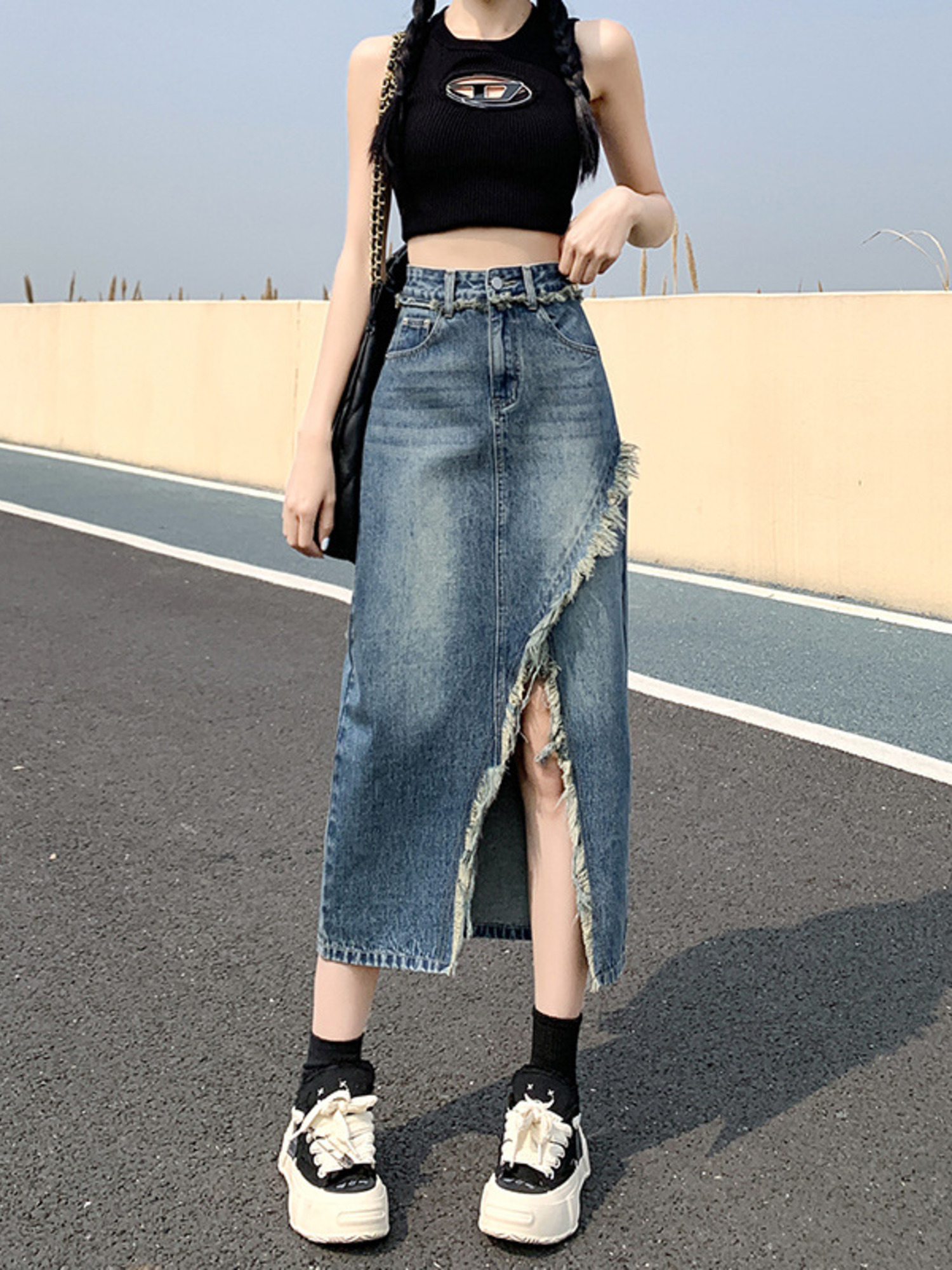 Women's High Waist Denim Skirt - Denim Skirt Midi Vintage ulasan dan harga