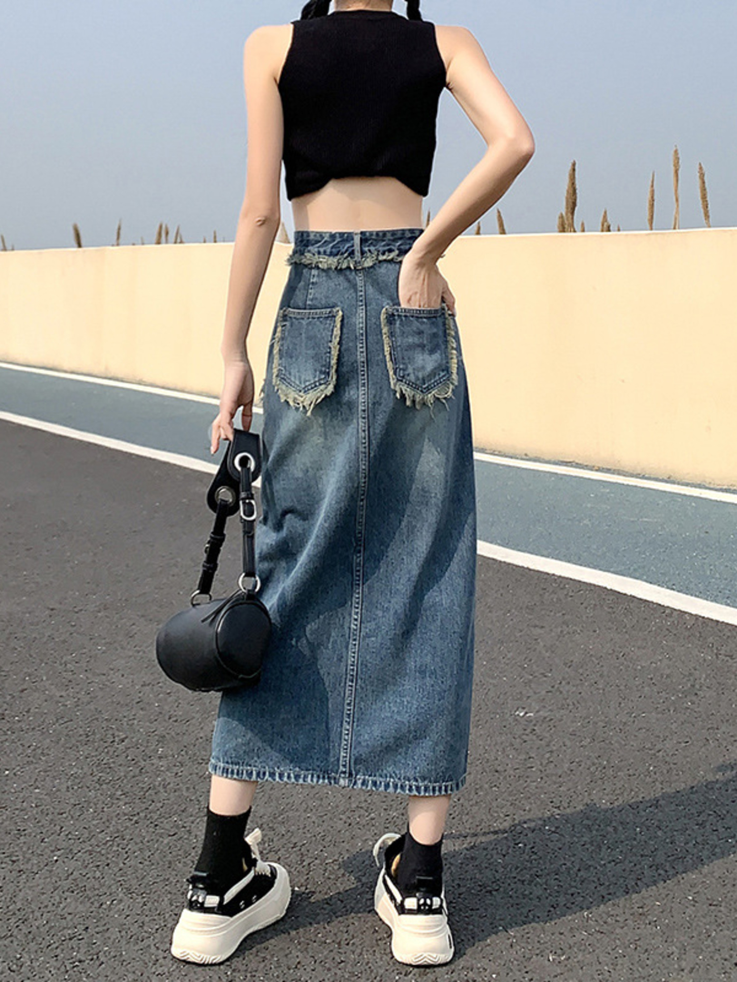 Women's High Waist Denim Skirt - Denim Skirt Midi Vintage ulasan dan harga