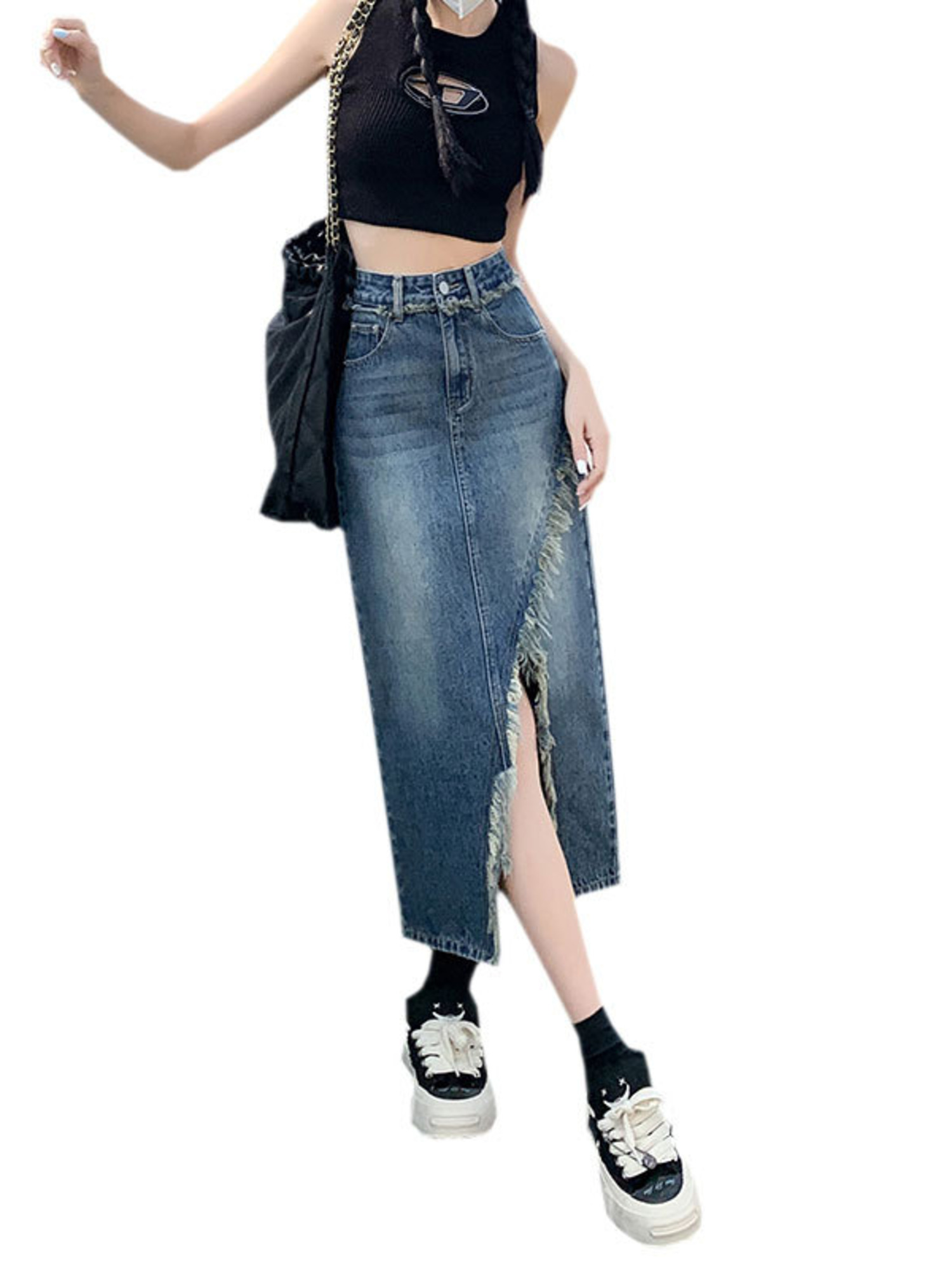 Women's High Waist Denim Skirt - Denim Skirt Midi Vintage ulasan dan harga