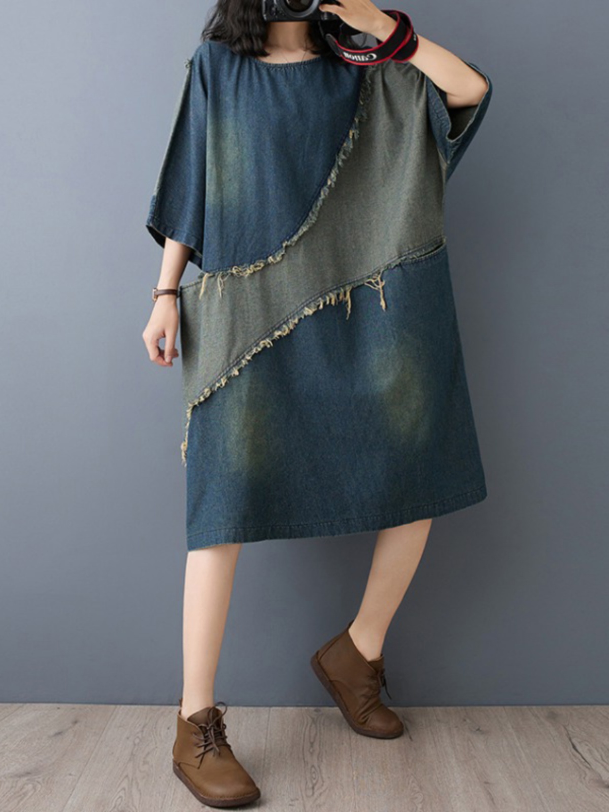 Washed Denim Color Block Hemme - Denim Skirt Midi Vintage ulasan dan harga