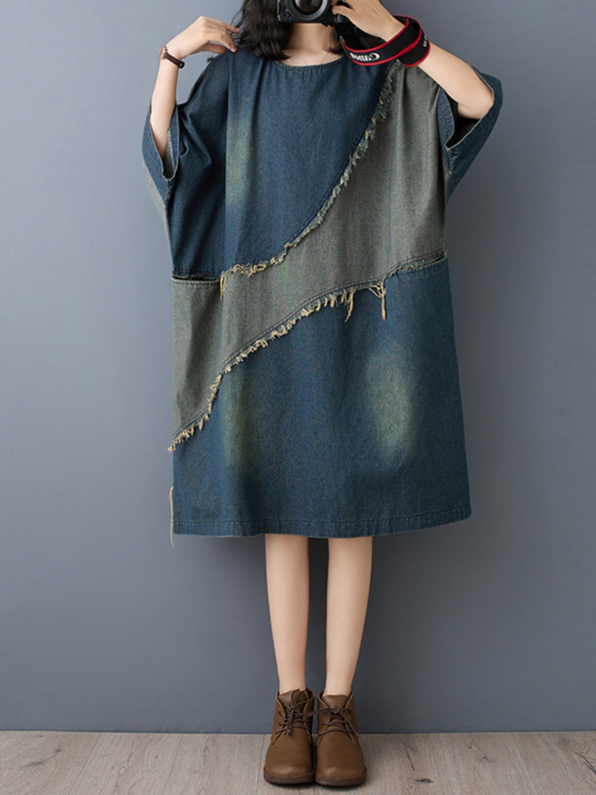 Washed Denim Color Block Hemme - Denim Skirt Midi Vintage ulasan dan harga