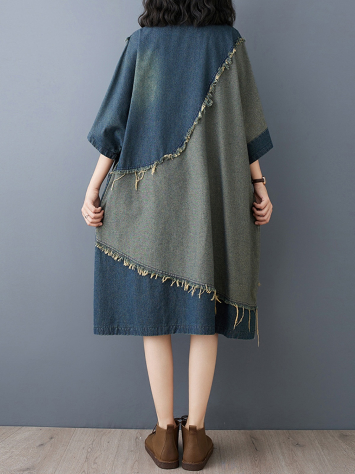 Washed Denim Color Block Hemme - Denim Skirt Midi Vintage ulasan dan harga