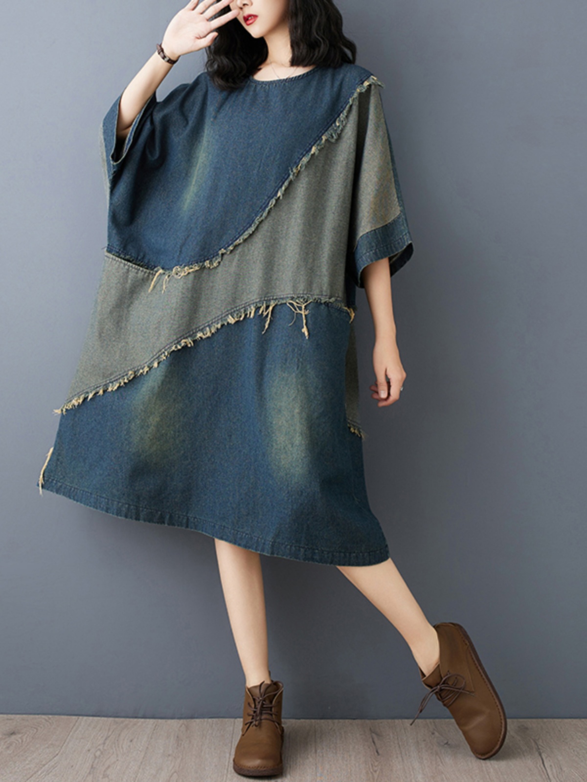 Washed Denim Color Block Hemme - Denim Skirt Midi Vintage ulasan dan harga