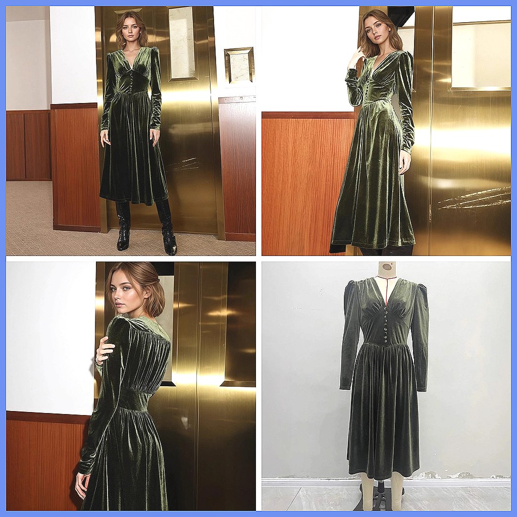 French Vintage Green Velvet V- - Vintage Y2K ulasan dan harga