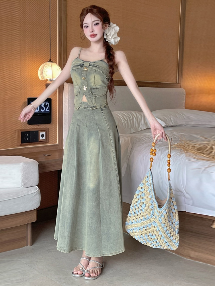 Sexy Vintage Metal Buckle Desi - Denim Skirt Midi Vintage ulasan dan harga