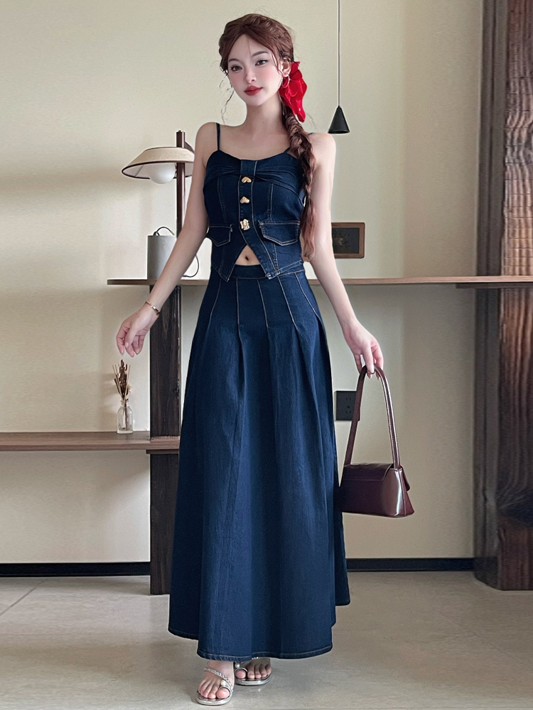Sexy Vintage Metal Buckle Desi - Denim Skirt Midi Vintage ulasan dan harga