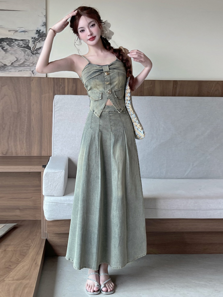 Sexy Vintage Metal Buckle Desi - Denim Skirt Midi Vintage ulasan dan harga