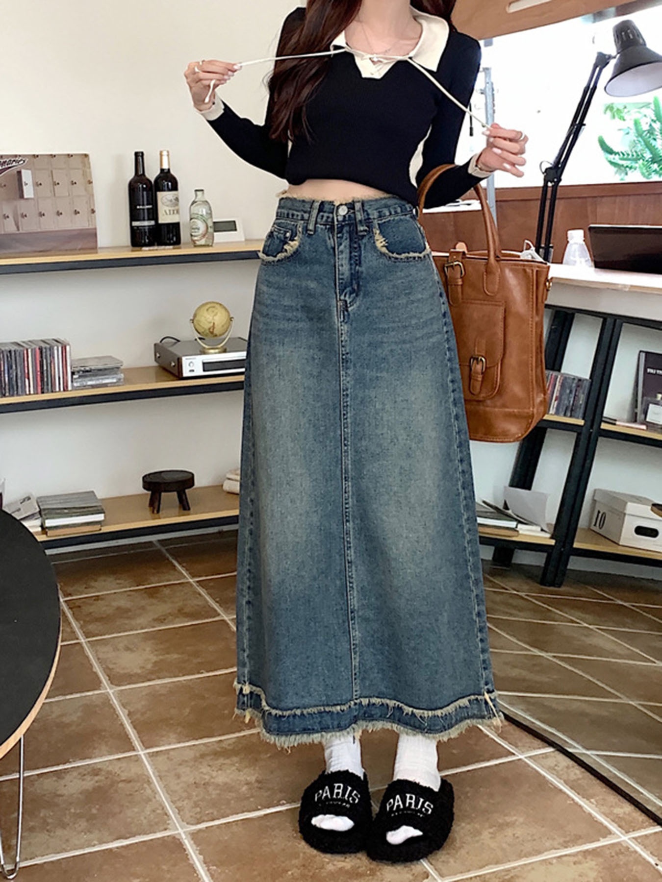 Vintage Frayed Edge High-Waist - Denim Skirt Midi Vintage ulasan dan harga