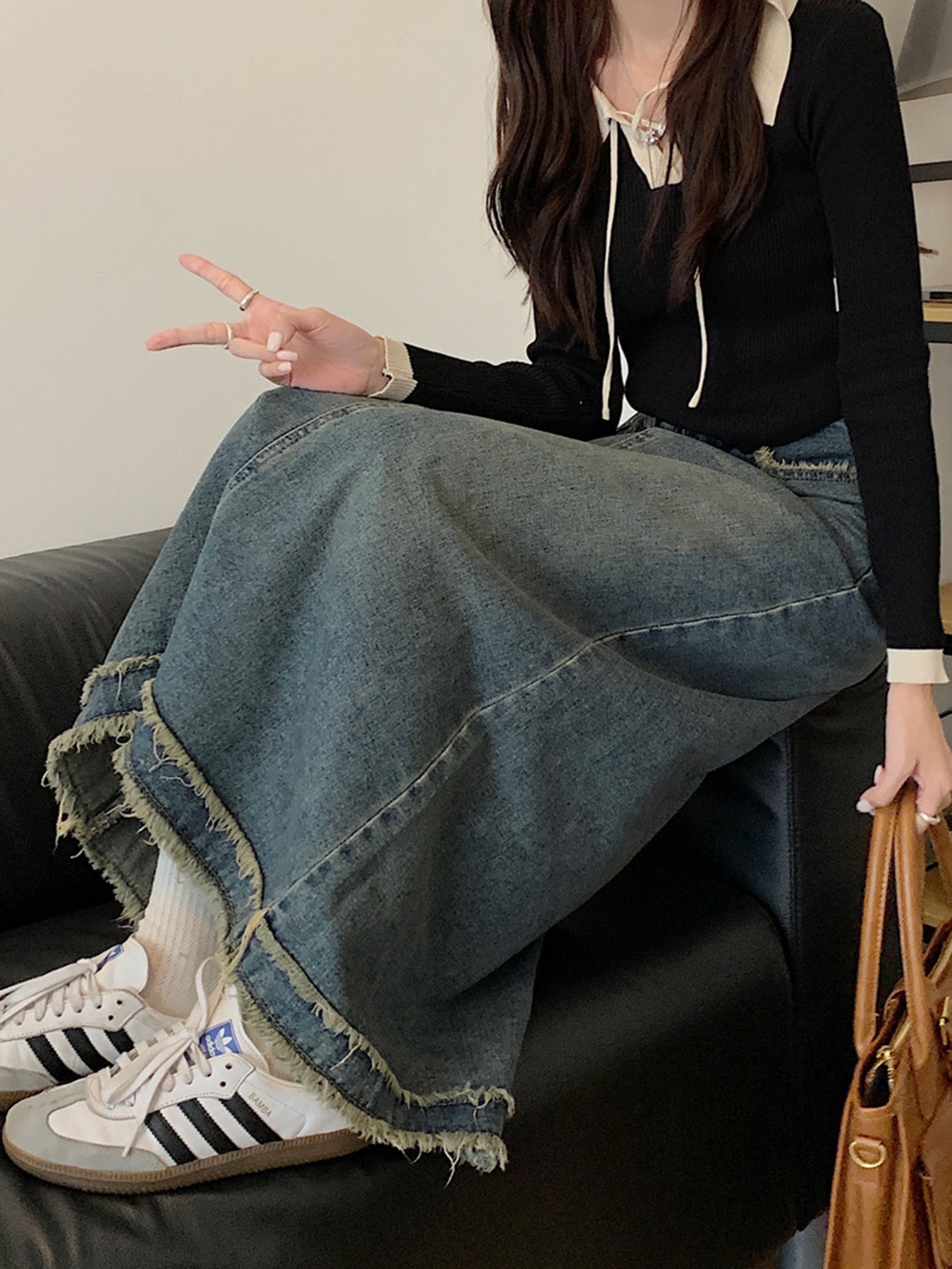 Vintage Frayed Edge High-Waist - Denim Skirt Midi Vintage ulasan dan harga