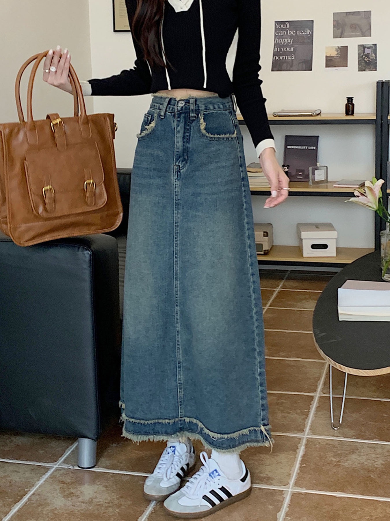 Vintage Frayed Edge High-Waist - Denim Skirt Midi Vintage ulasan dan harga